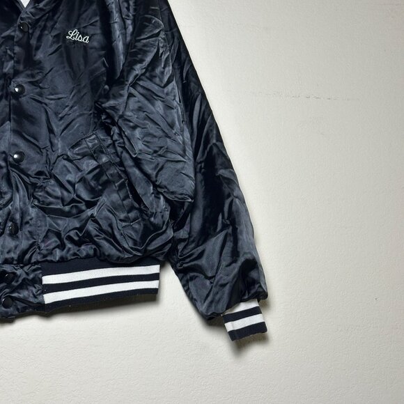 VTG Don Alleson Bomber Satin Varsity Jacket Women M Black "Lisa" 90s Button Up - Picture 8 of 15
